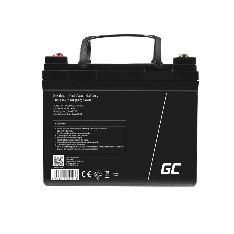 Schwarze Blei-Säure-Batterie mit Griff und Beschriftung, CE- und Pb-Zeichen.