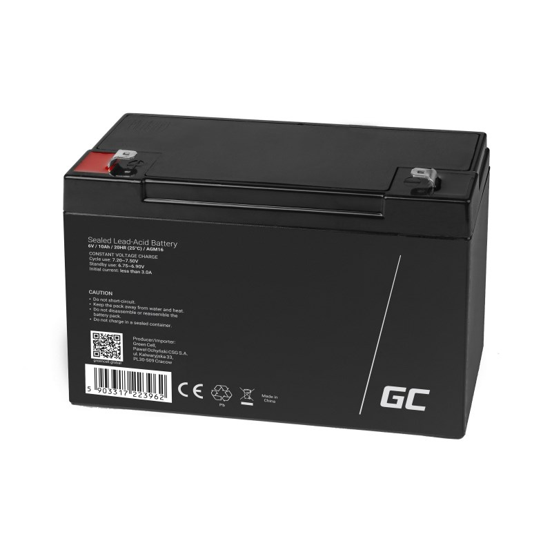 Batteria AGM nera 6V 10Ah con etichetta e logo GC.