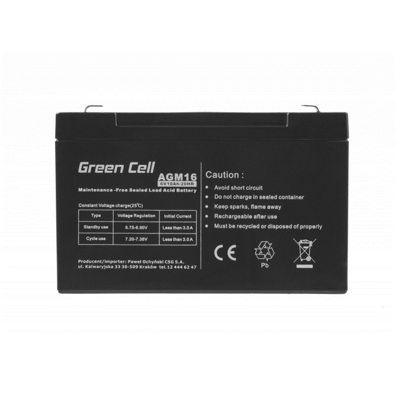 Batteria nera con etichetta 'Green Cell AGM16', 6V, note di cautela e simboli.