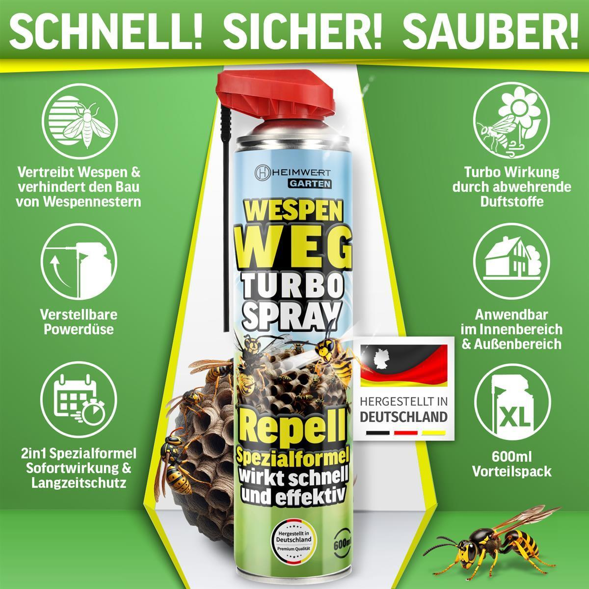 Spraydose Wespenspray mit Wespenmotiv, Text 'WESPEN WEG TURBO SPRAY', Hergestellt in Deutschland.