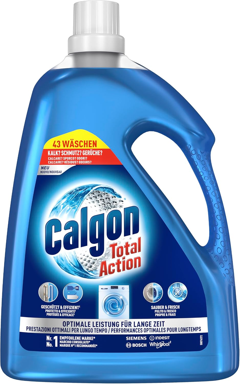Eine blaue Flasche Calgon Total Action Waschmittel mit Informationen zu Wäschen und Leistung.