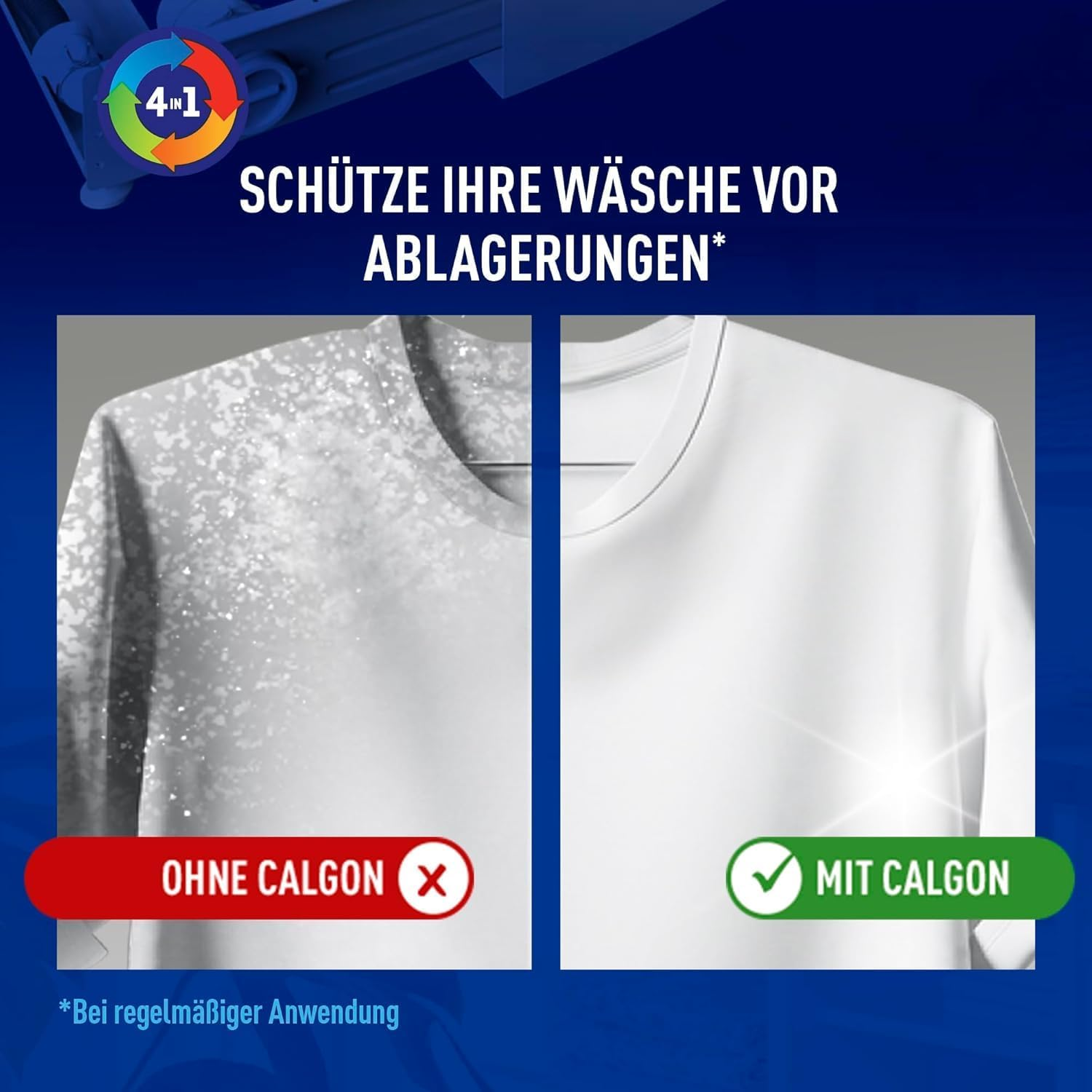 Vergleich von Wäsche: links ohne Calgon mit Ablagerungen, rechts mit Calgon sauber.