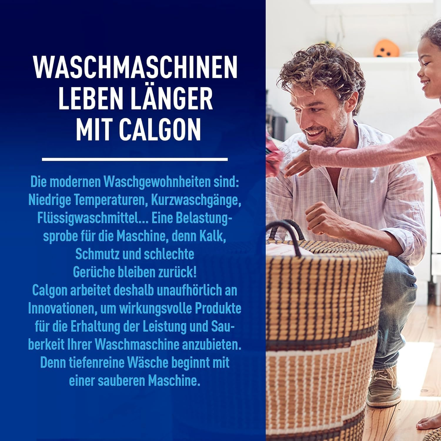 Mann und Kind lächeln, Mann hält Geschenk. Waschmaschinen leben länger mit Calgon.