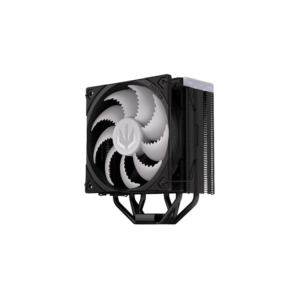 Czarny cooler CPU z białym wentylatorem i srebrnym logo na białym tle.