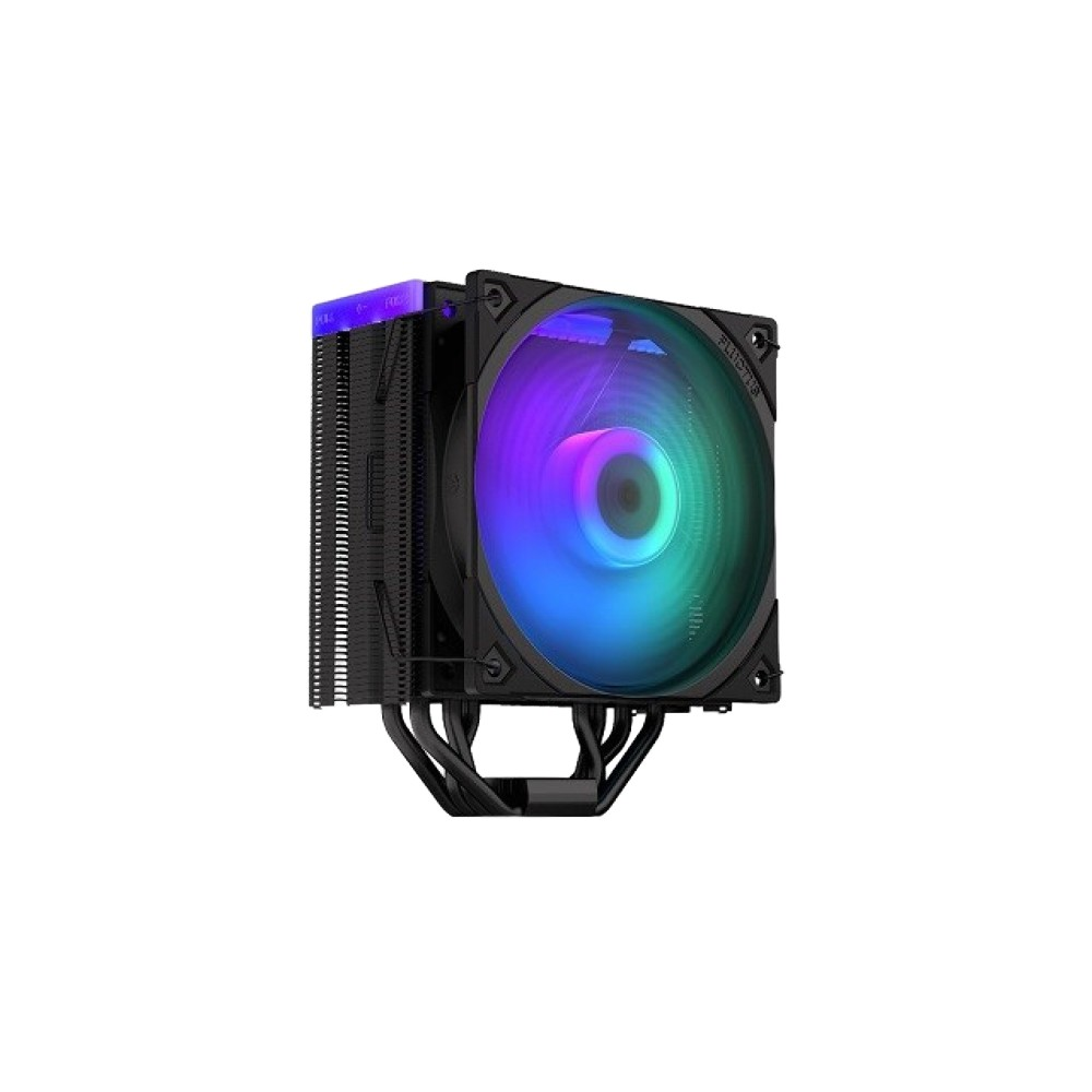 Czarny radiator CPU z wentylatorem RGB i żeberkami.