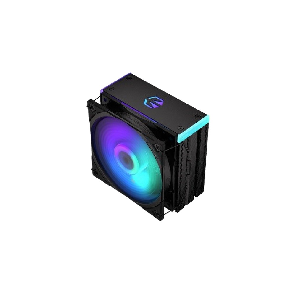 Czarny cooler CPU z wentylatorem RGB i niebieskim logo na czarnej obudowie.