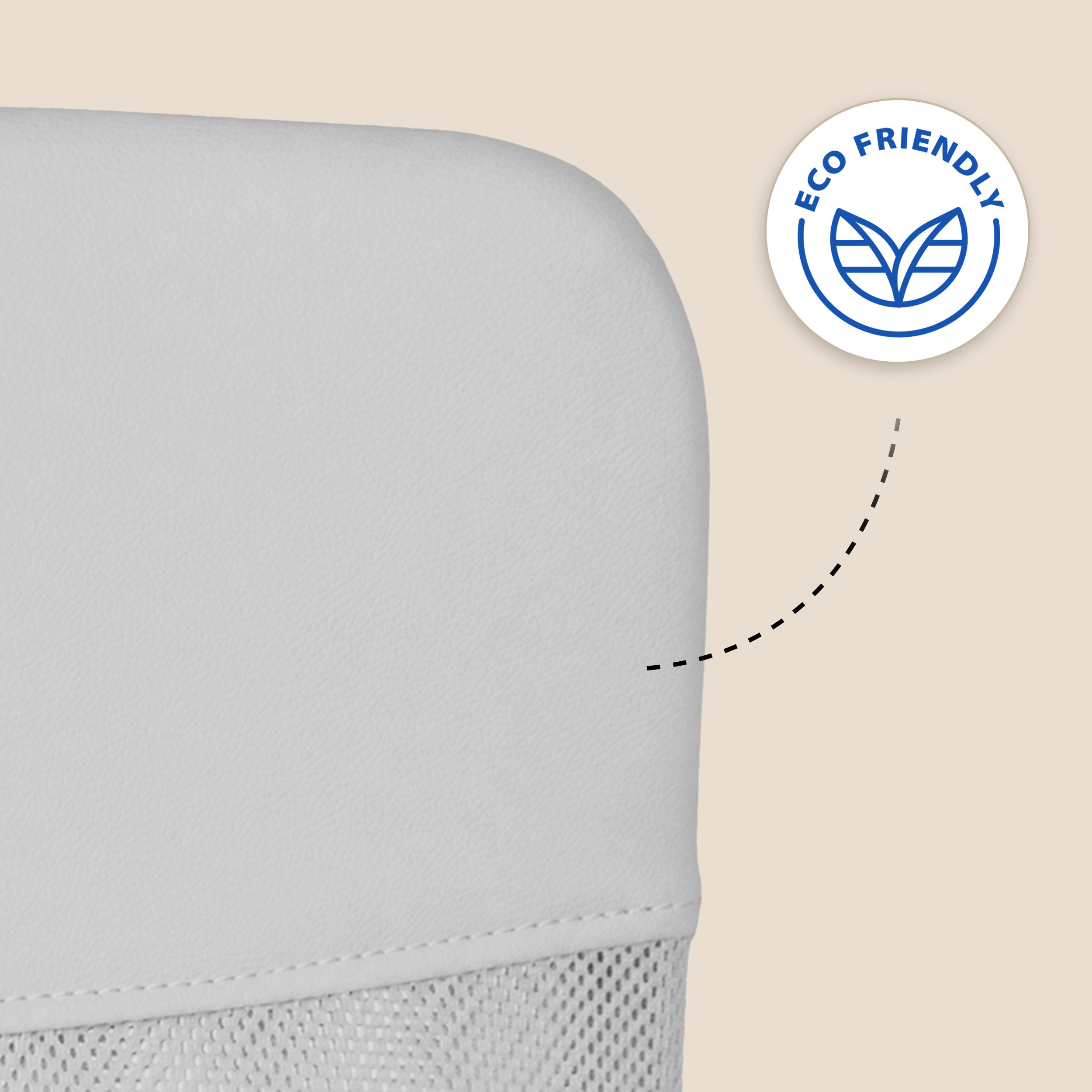 Biała powierzchnia z niebieskim okrągłym logo 'Eco Friendly' ze stylizowanymi liśćmi.