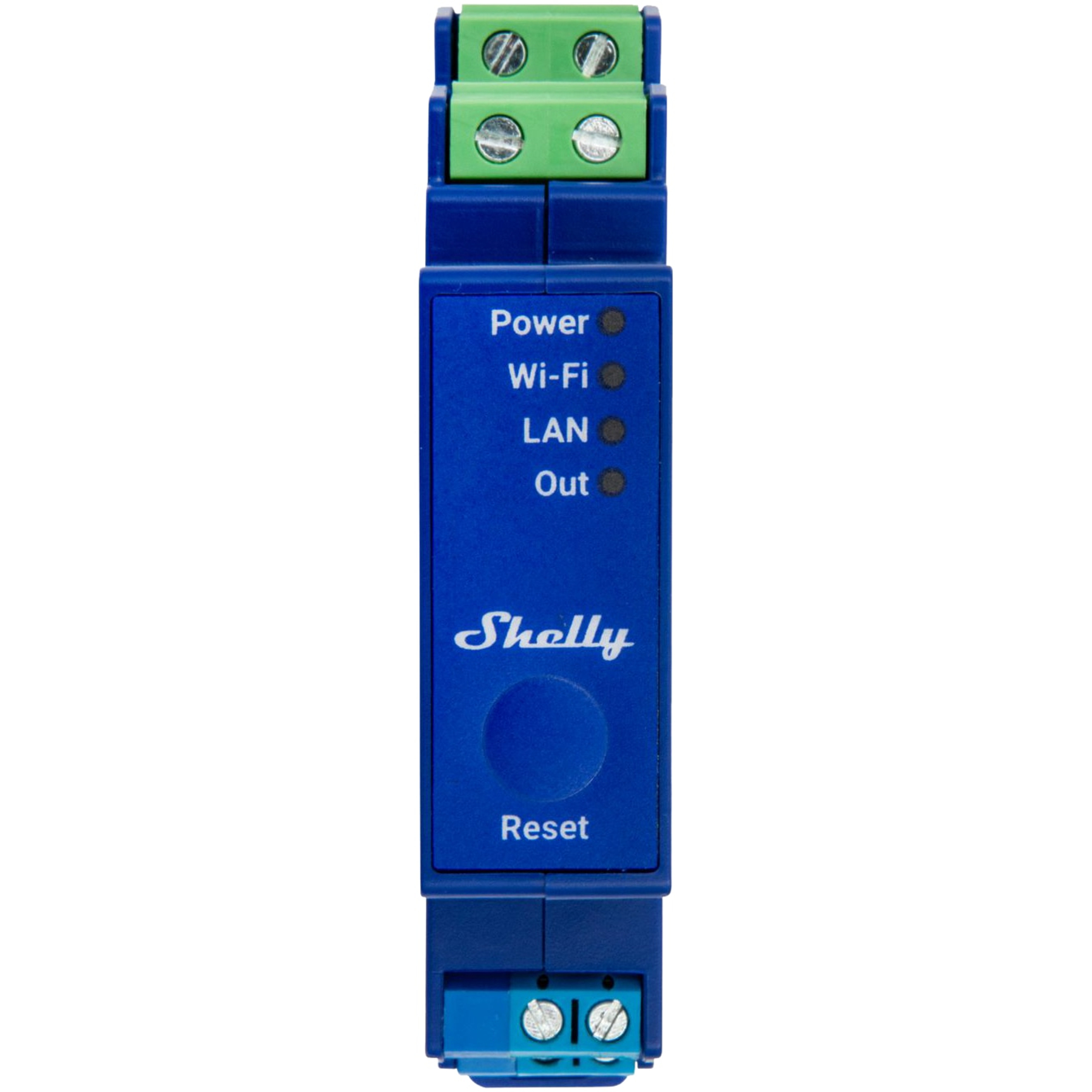 Un dispositivo Shelly blu con morsetti a vite verdi sopra e sotto.