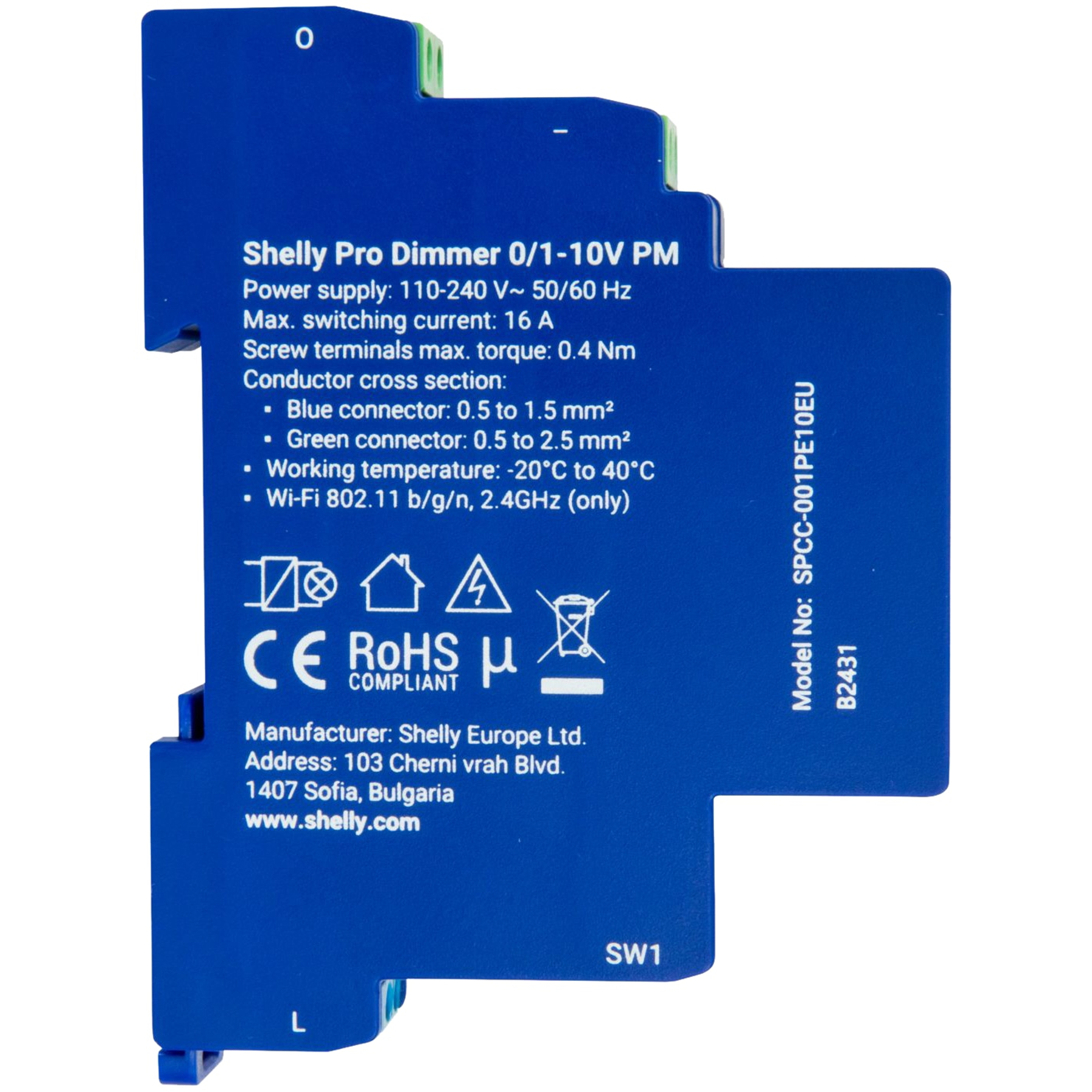Dimmer Shelly Pro blu con specifiche tecniche e simboli CE/RoHS.