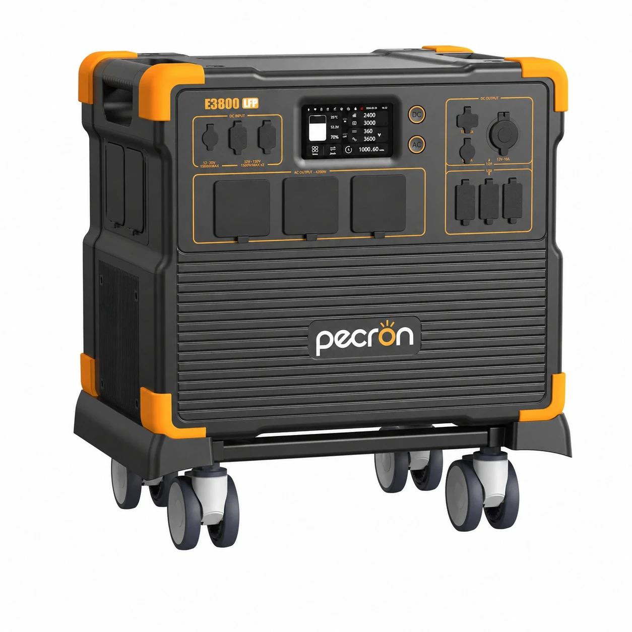 Czarny generator Pecron E3800 LFP z pomarańczowymi akcentami, na kółkach.