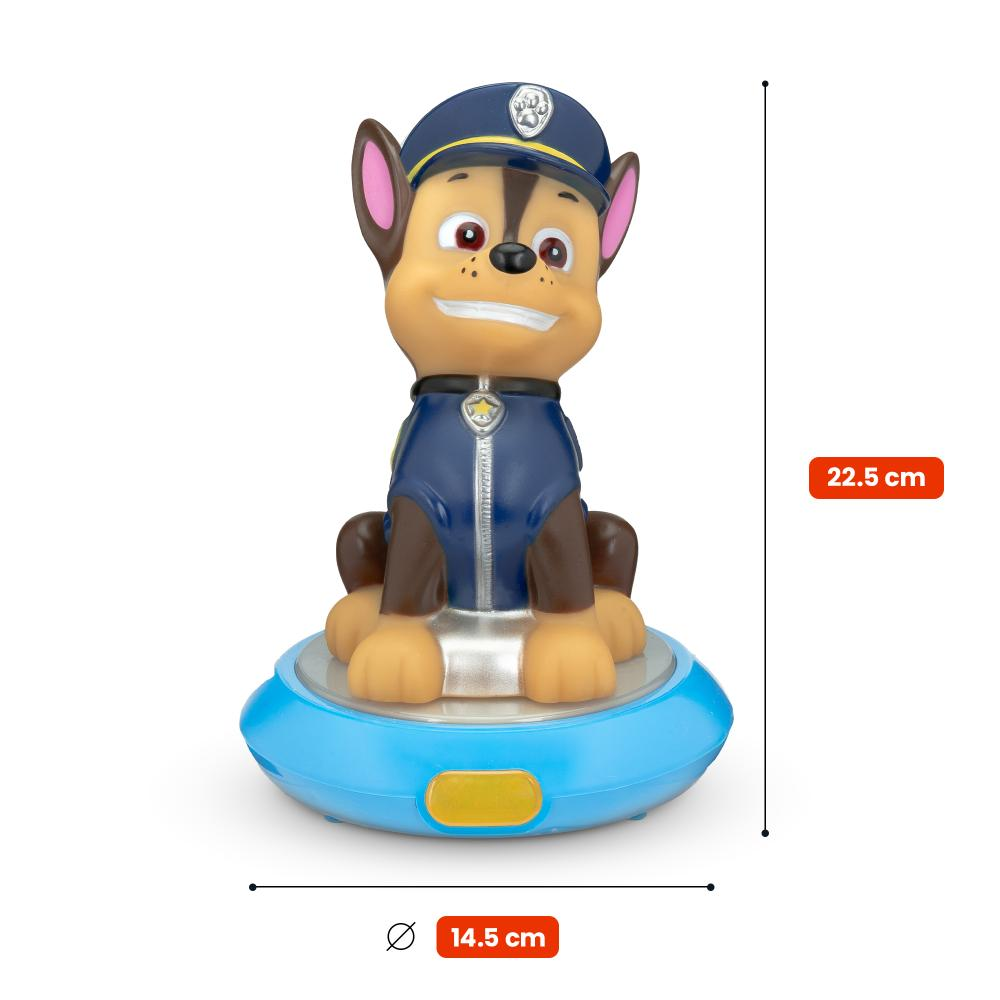 Chase z Psiego Patrolu jako lampka nocna na niebieskiej podstawie.
