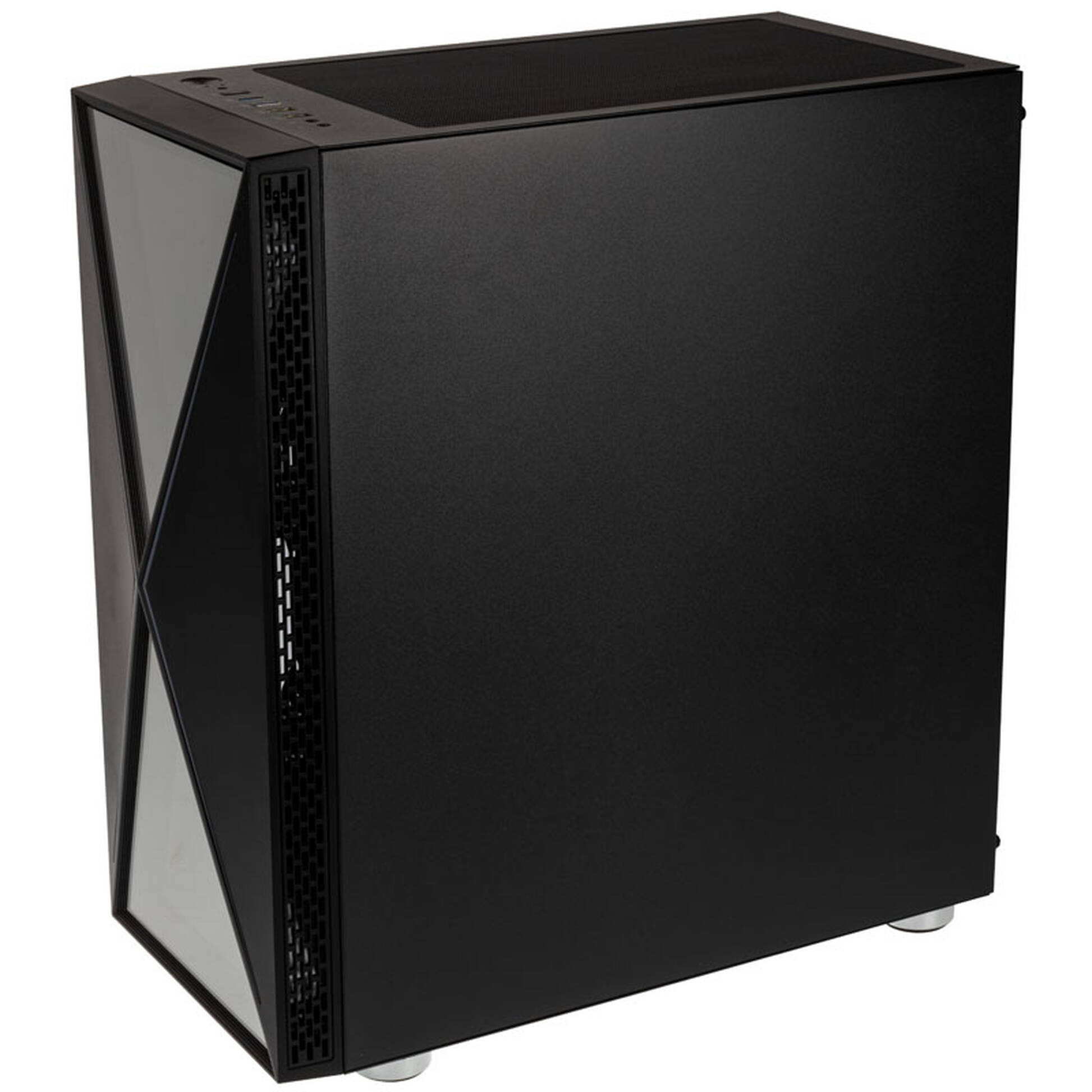 Ein schwarzes Computergehäuse mit glatten Seiten und einem Lufteinlass an der Vorderseite.