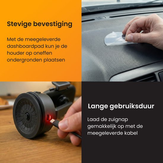 Een houder wordt op het dashboard bevestigd en een apparaat wordt opgeladen.