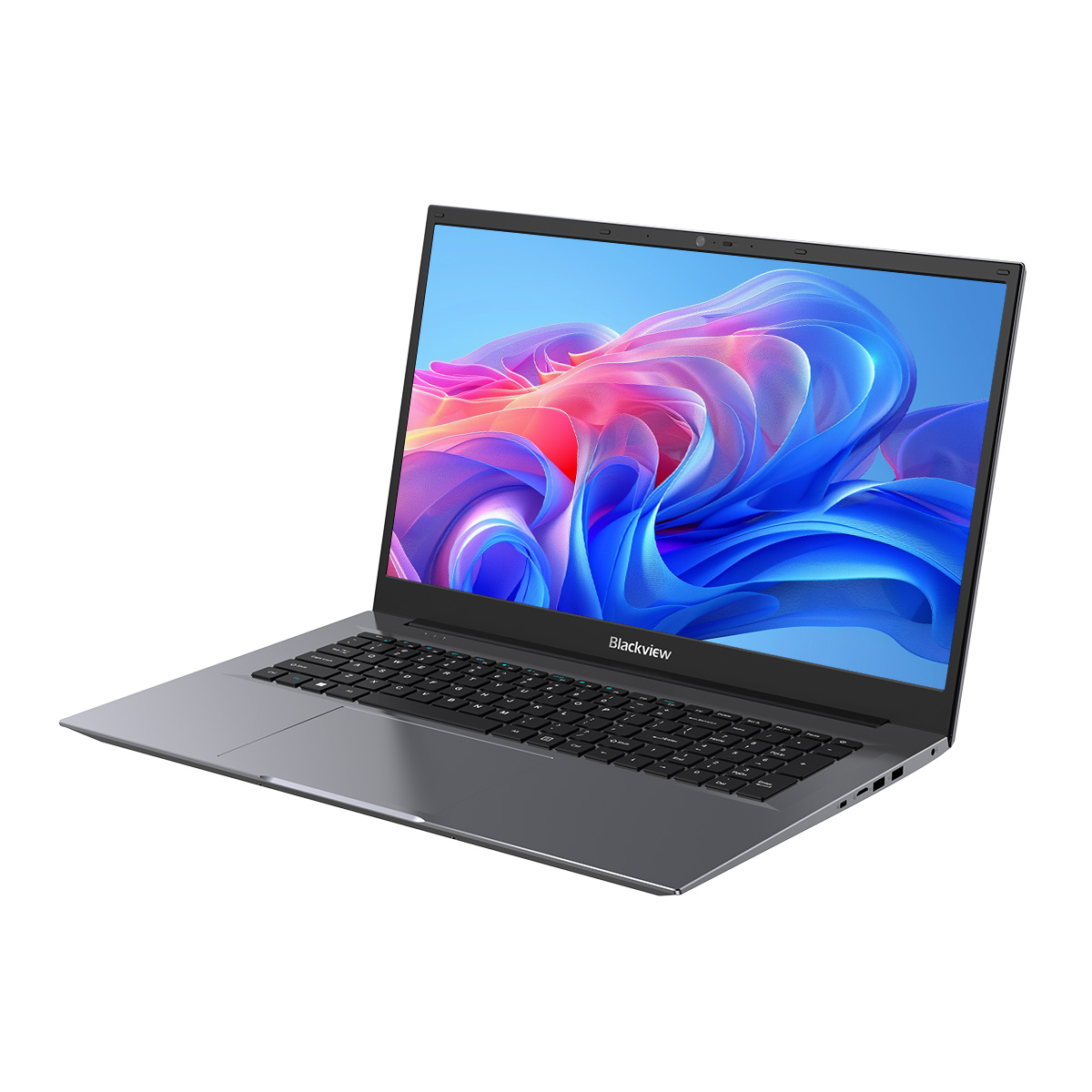 Zamknięty szary laptop z kolorową tapetą na ekranie.