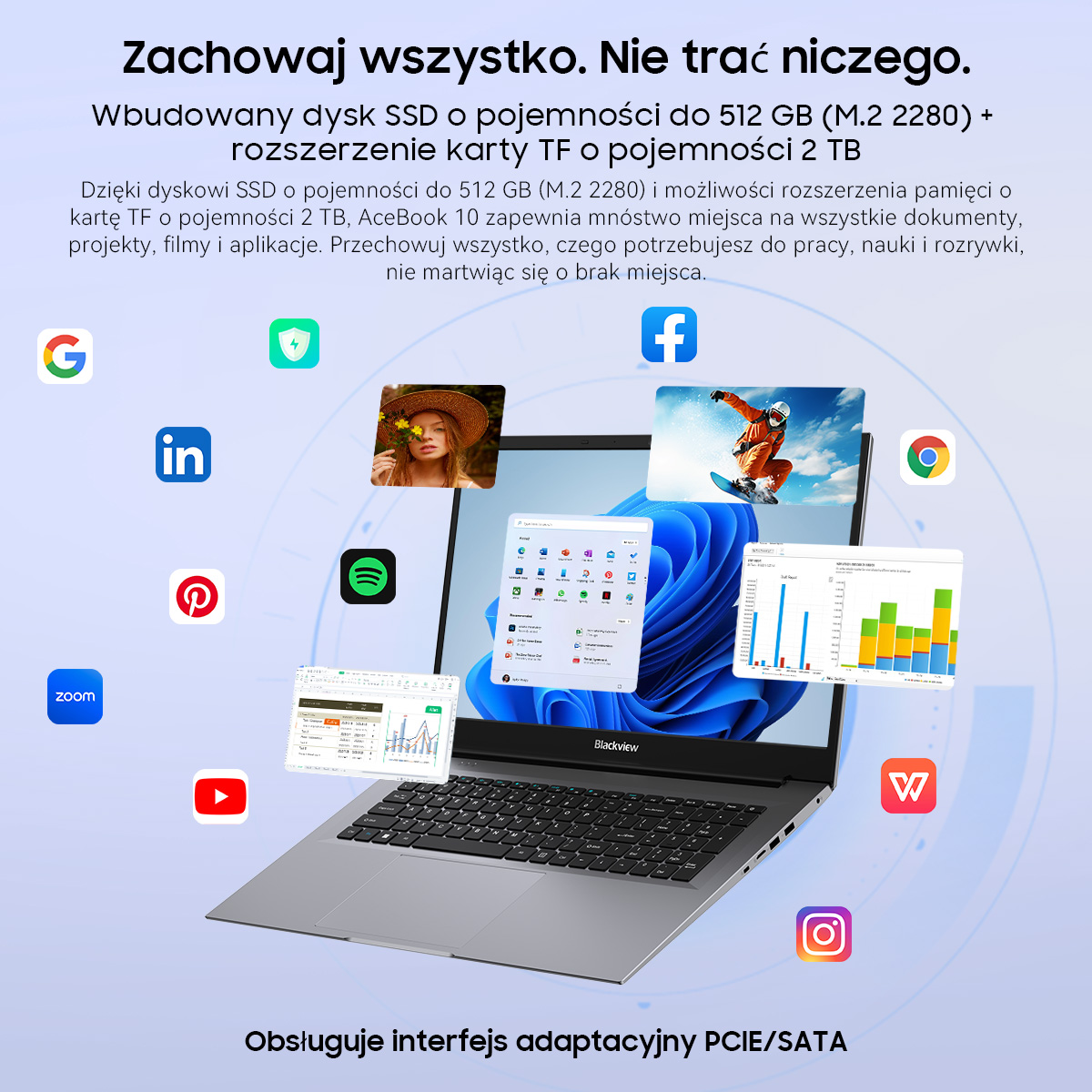 Laptop z ikonami aplikacji: Google, Facebook, LinkedIn, Spotify, Zoom i YouTube.