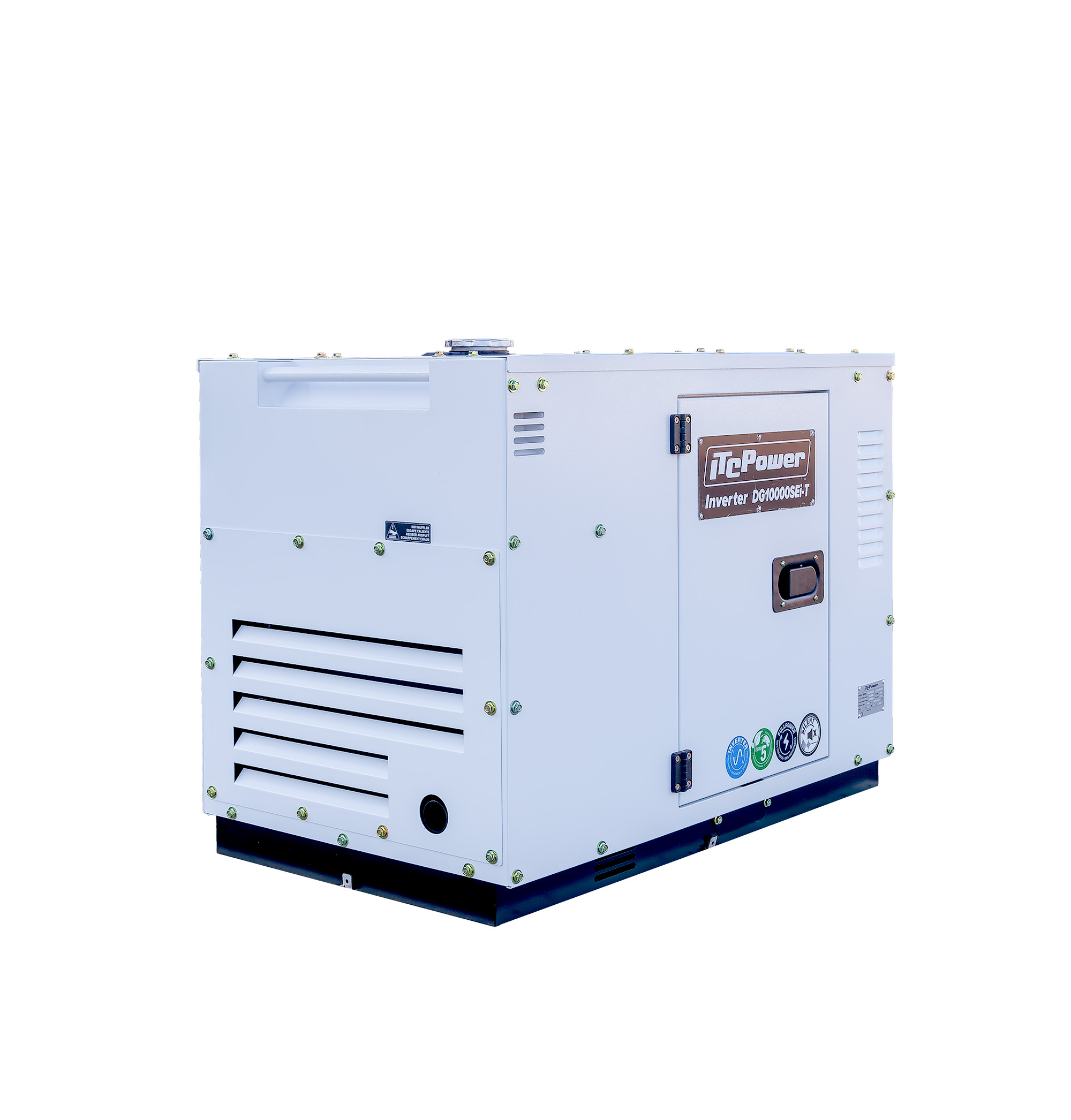Un generador blanco con rejillas de ventilación y el logo iTcPower.