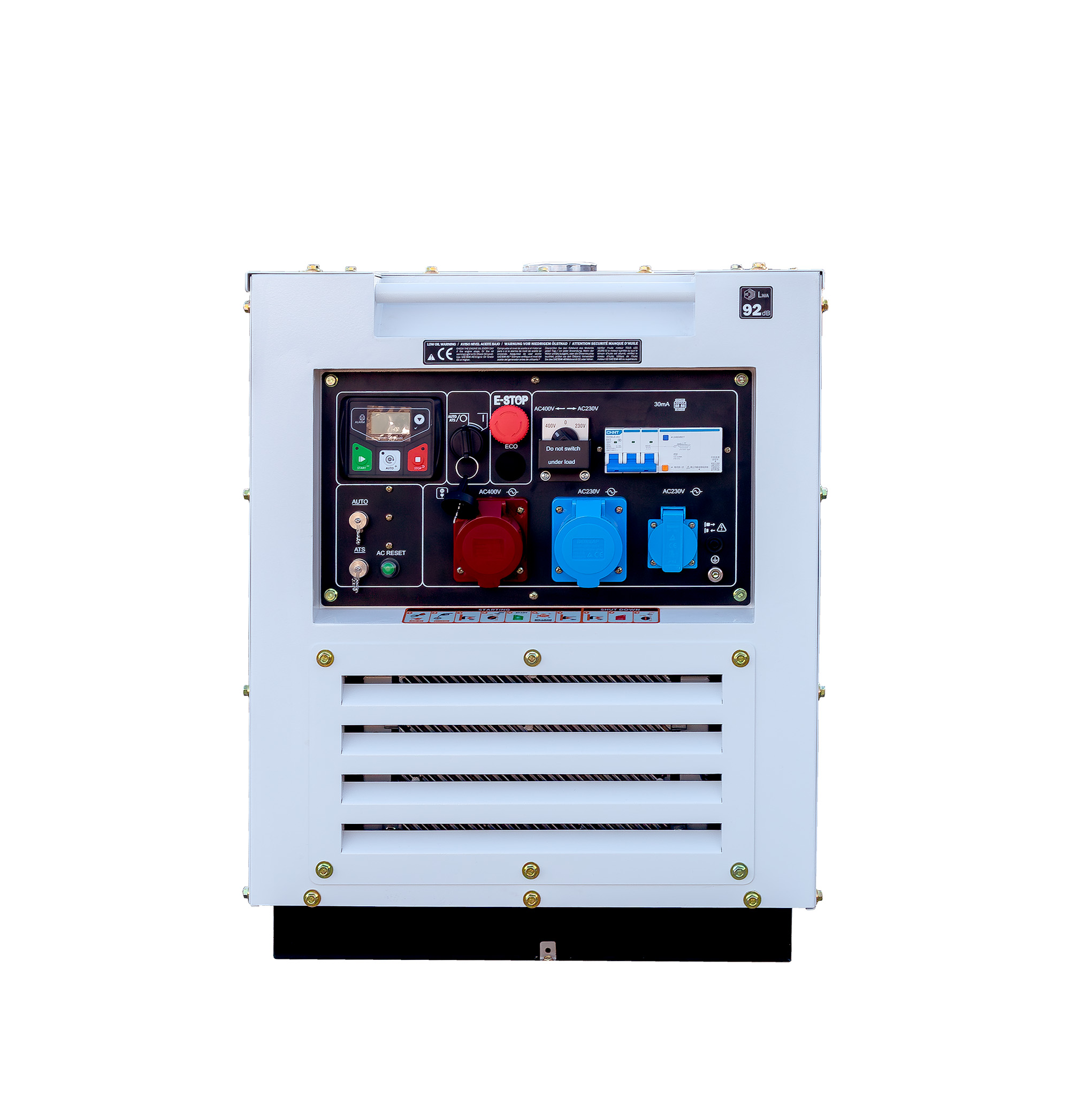 Un generador blanco con un panel de control con botones, interruptores y enchufes.