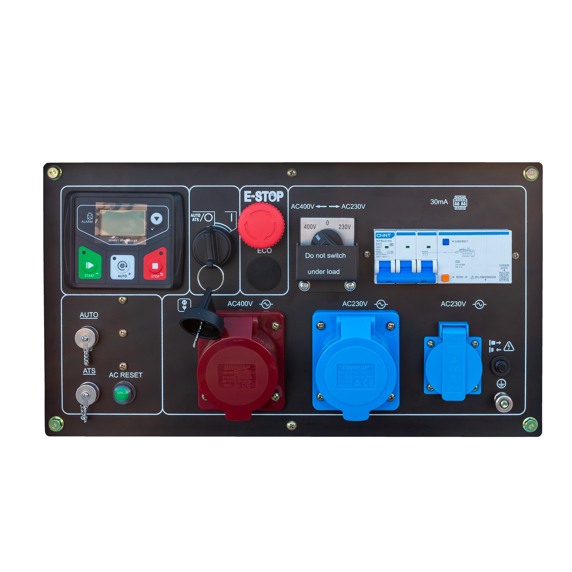 Un panel de control de generador con pantallas digitales, interruptores, botones y enchufes.