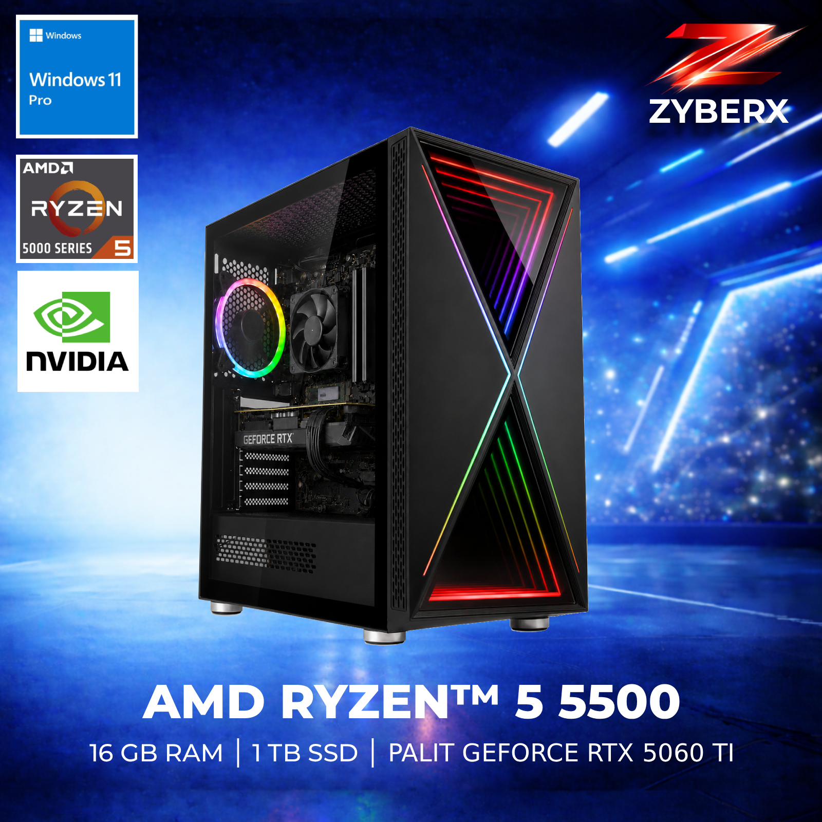 Ein schwarzer Gaming-PC mit RGB-Beleuchtung und Logos von AMD, Nvidia und Windows.