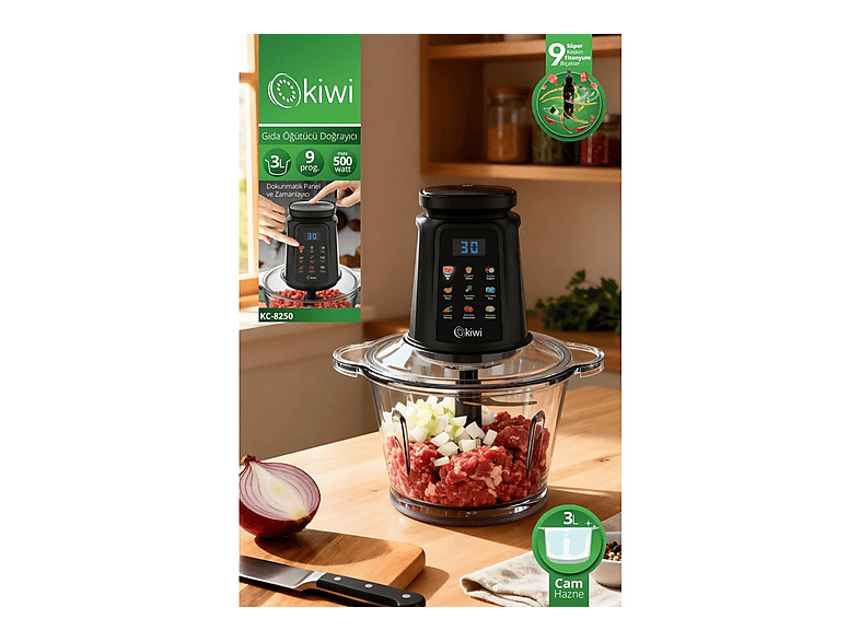 KIWI KC-8250 Gıda Öğütücü 500 W Güçlü Motor&3l Cam Kase &9 Titanyum Bıçaklı & Dokunmatik Ekran Doğrayıcı Siyah