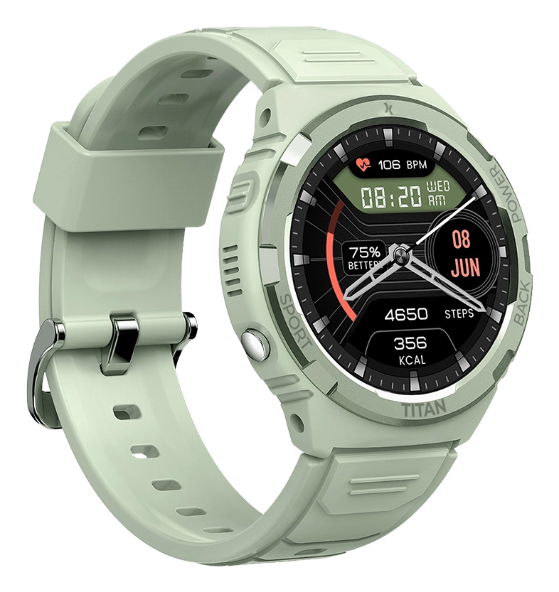 Jasnozielony smartwatch z czarną tarczą wyświetla czas, tętno i kroki.