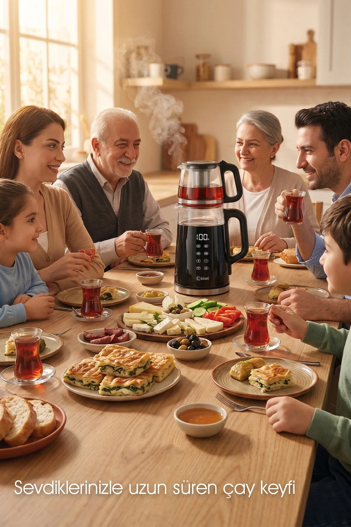 Bir aile, çay makinesiyle ahşap bir masada çay ve kahvaltı keyfi yapıyor.