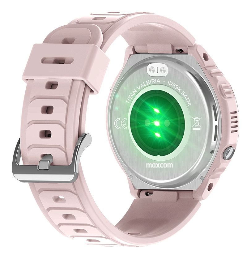 Uno smartwatch rosa con sensore di frequenza cardiaca e fibbia argentata.