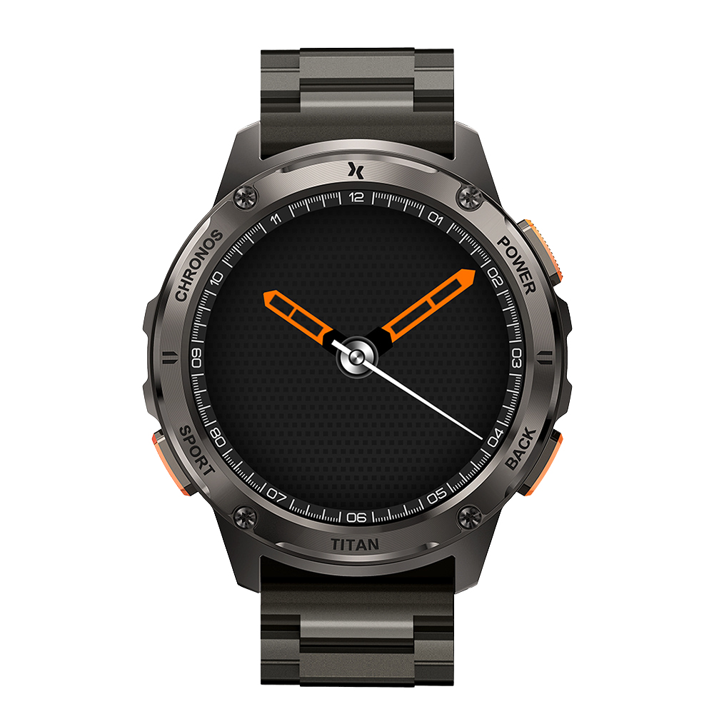 Uno smartwatch Titan grigio scuro con accenti arancioni, che mostra le 12:30.