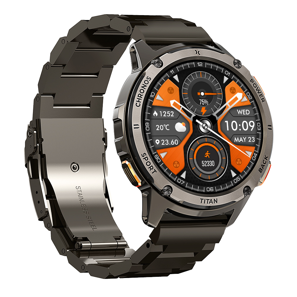 Uno smartwatch grigio con cinturino in metallo scuro e display digitale arancione e nero.