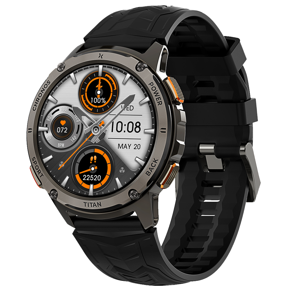 Uno smartwatch grigio con cinturino nero, che mostra le 10:08 e 22520 passi.