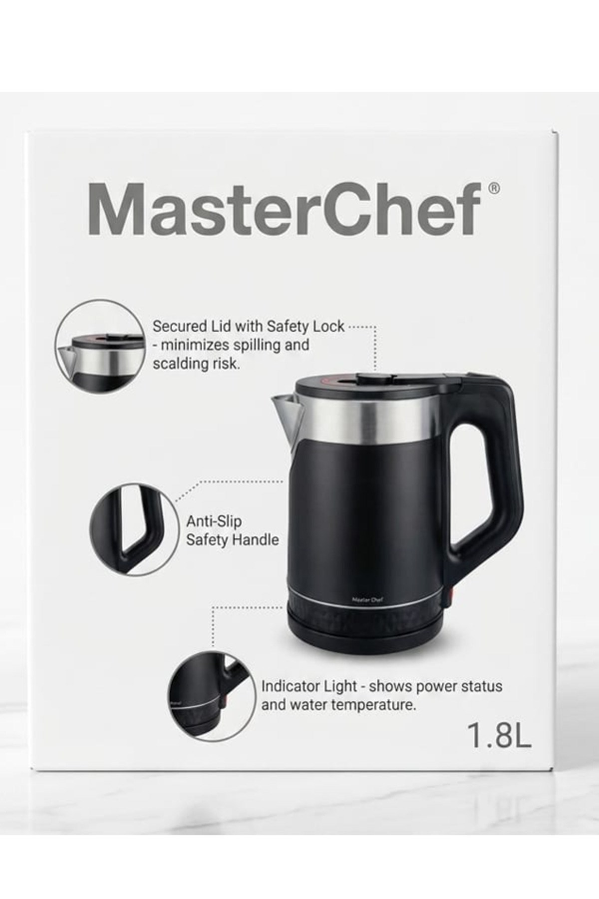 MasterChef su ısıtıcısı: siyah, 1.8L, emniyet kilitli kapak, kaymaz sap, gösterge ışığı.