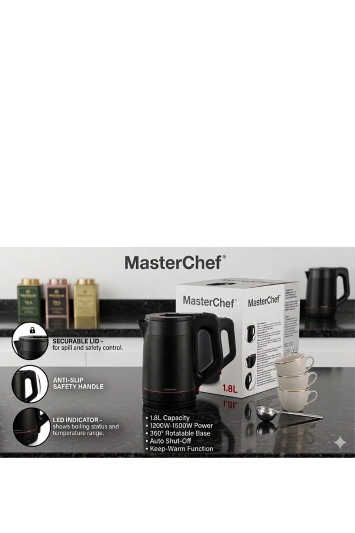 Güvenli kapaklı, kaymaz saplı, LED göstergeli siyah MasterChef su ısıtıcısı.