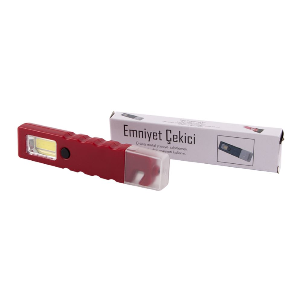 LED ışıklı ve manyetik uçlu kırmızı alet, ambalajının yanında.