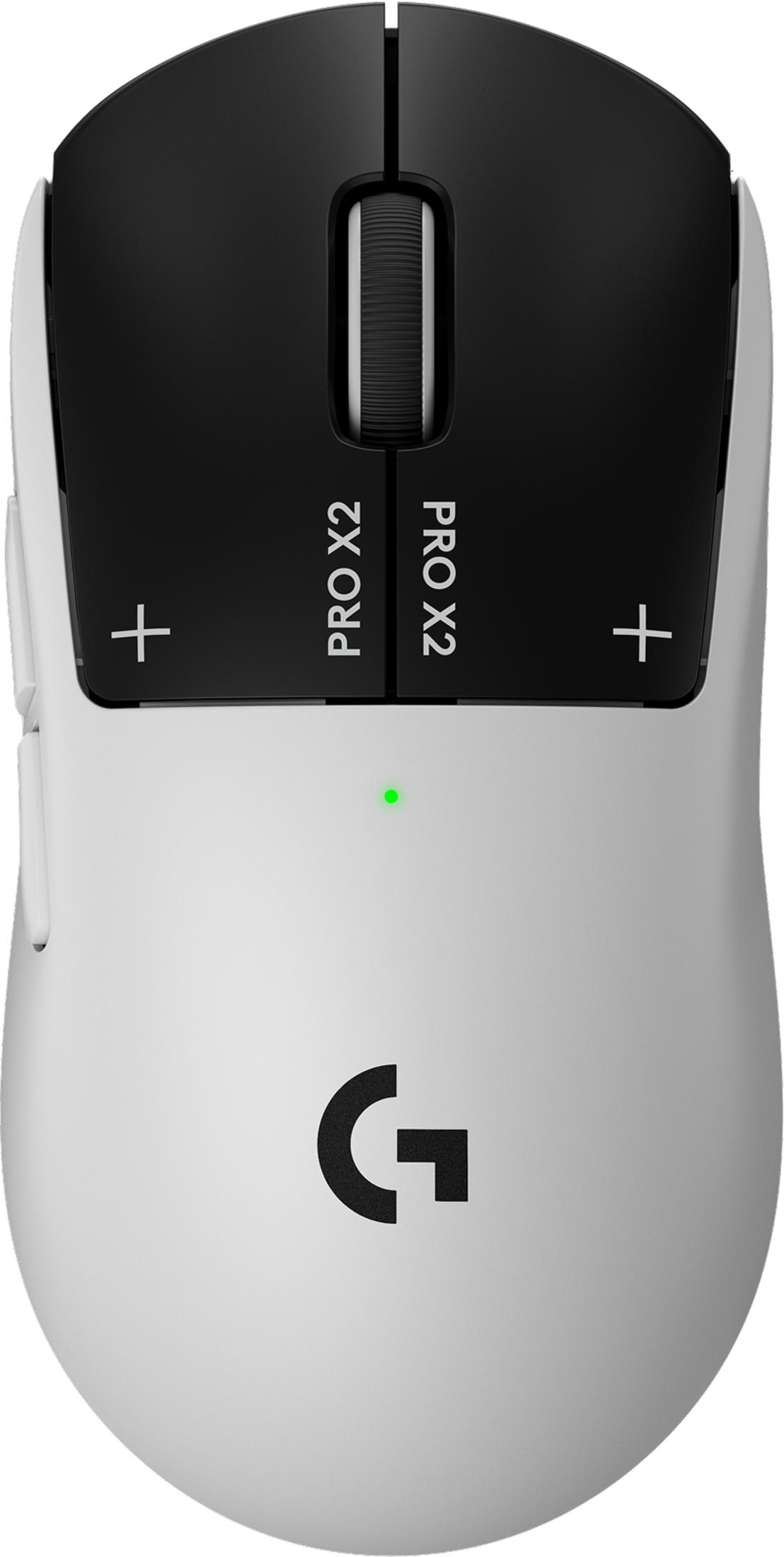 Mouse gaming bianco Logitech G Pro X 2 con pulsanti e rotellina neri.