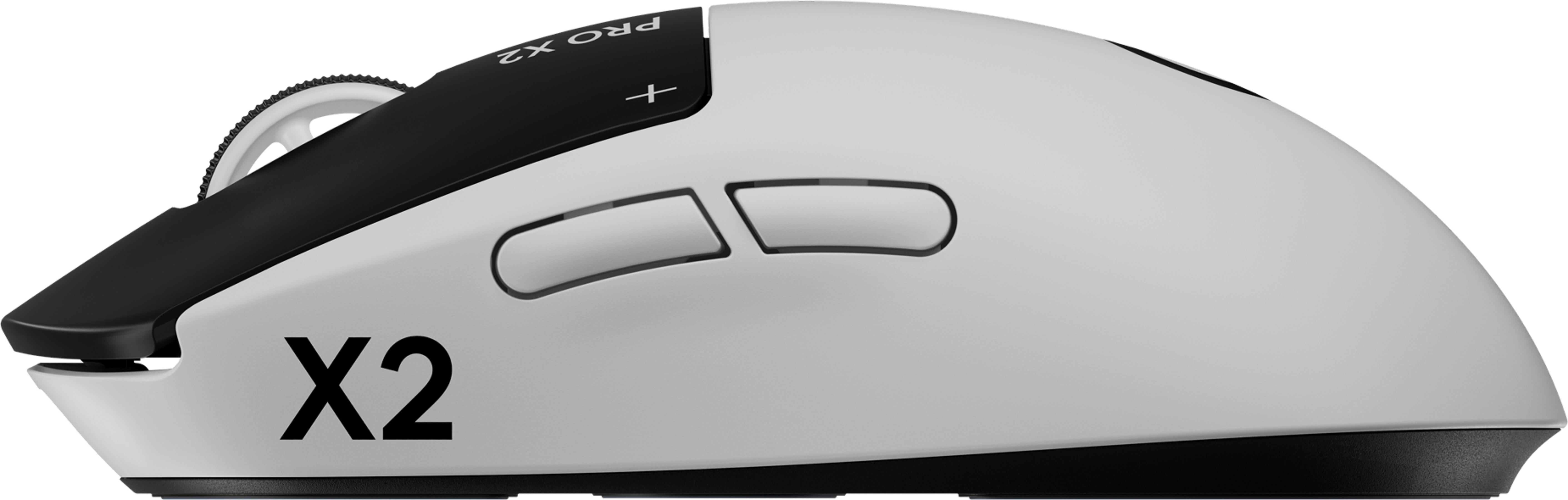 Un mouse bianco con accenti neri e rotellina di scorrimento.
