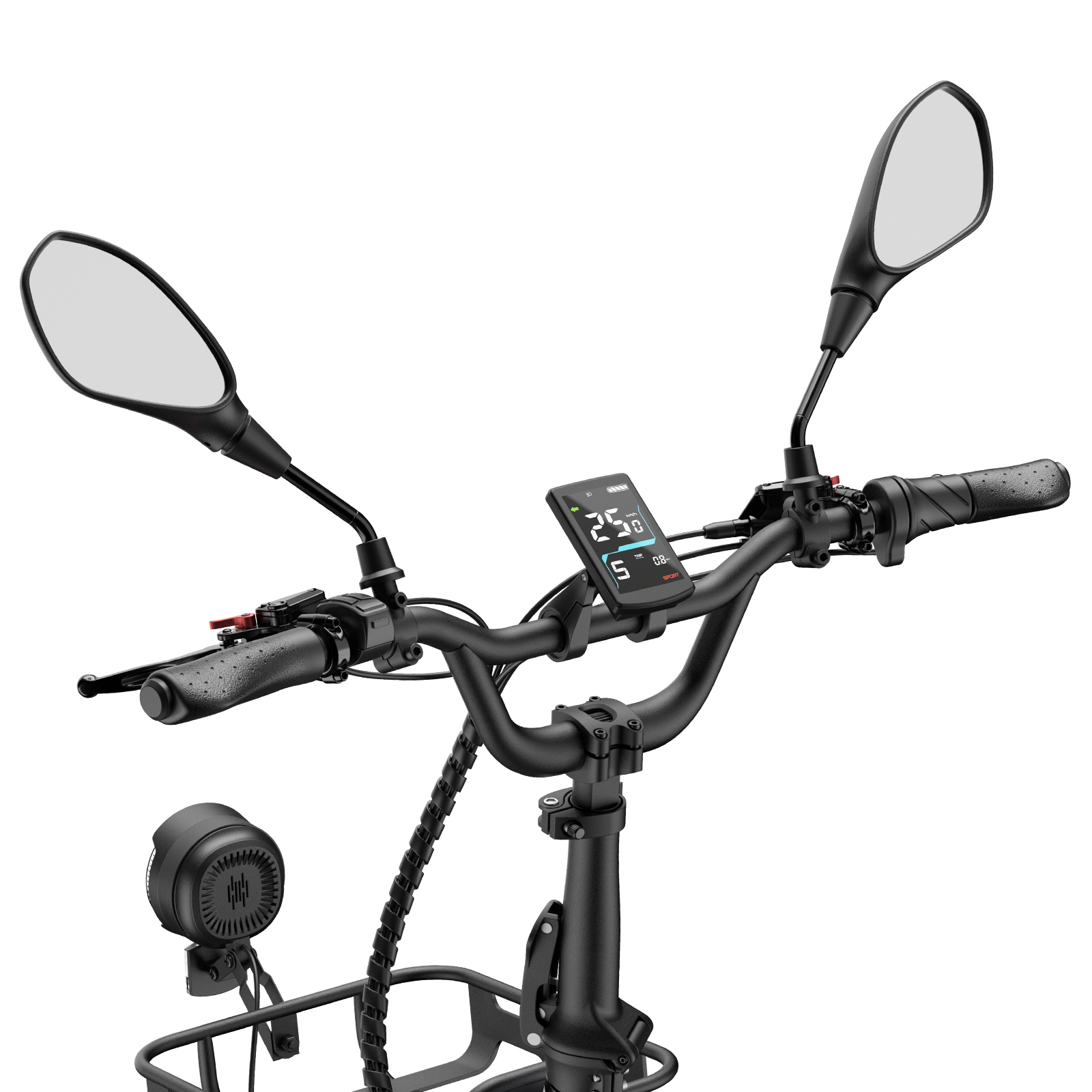 Primer plano del manillar de una bicicleta negra con espejos, pantalla y luces.