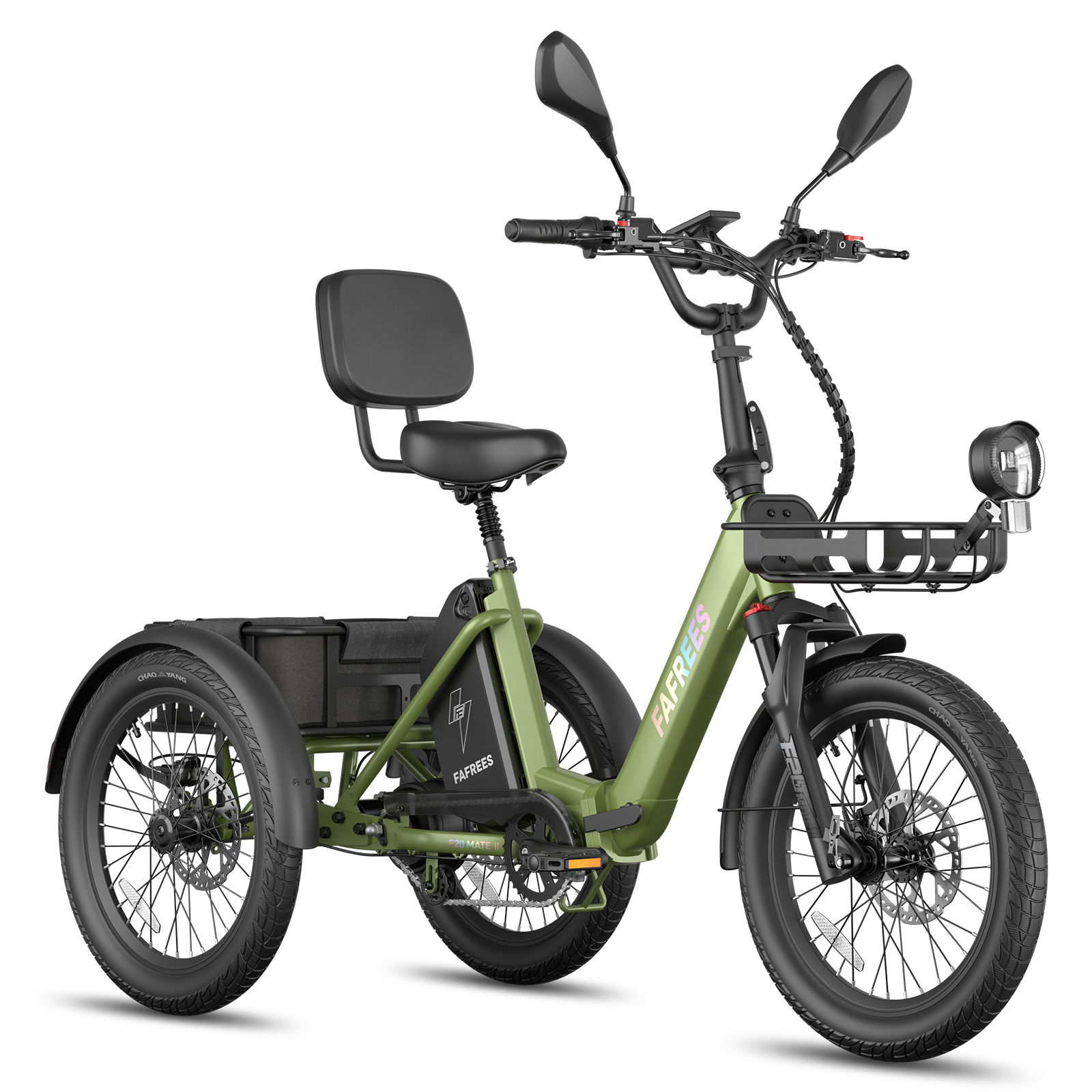 Un triciclo eléctrico verde con cesta delantera y asiento con respaldo.