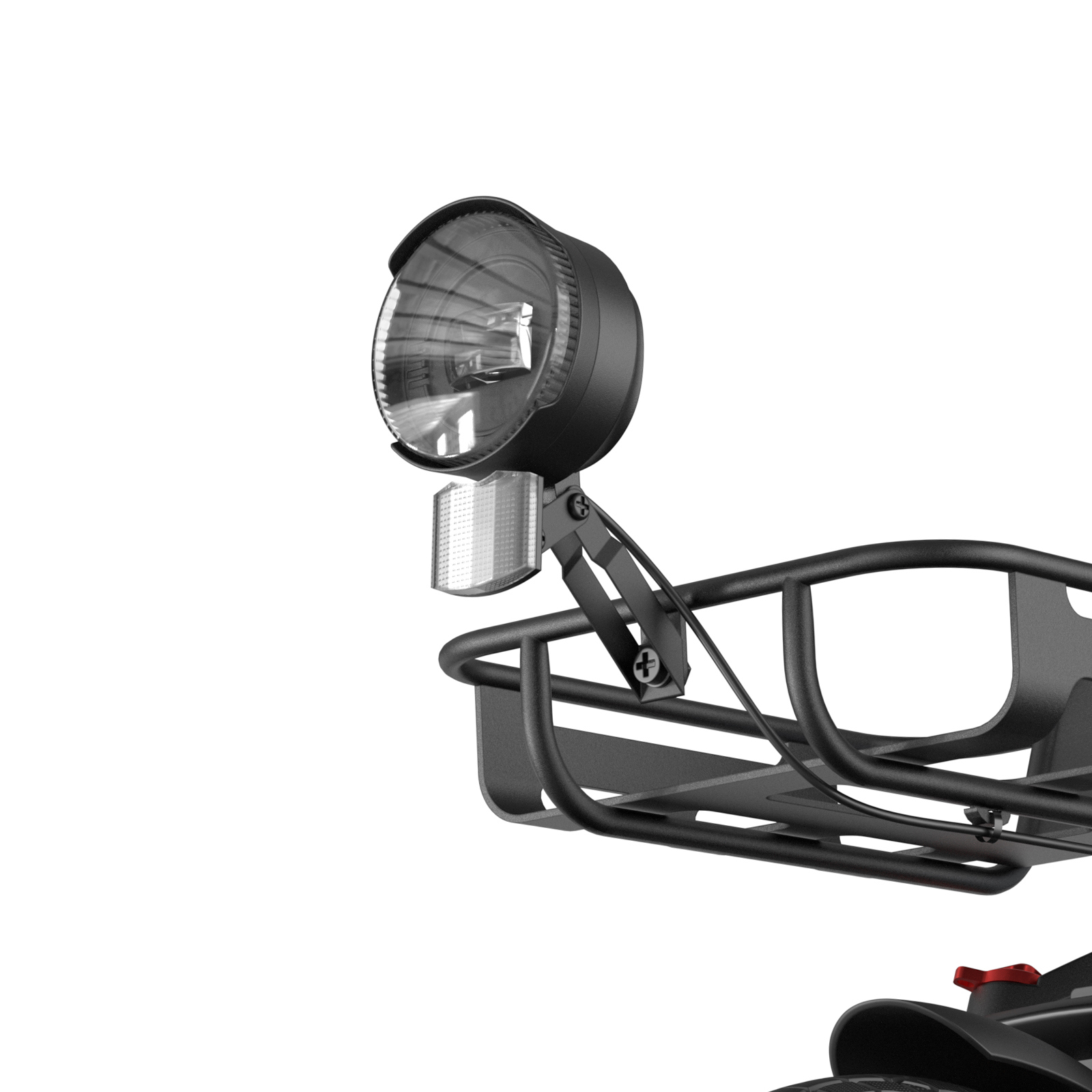 Un faro de bicicleta negro con reflector montado en un portaequipajes.