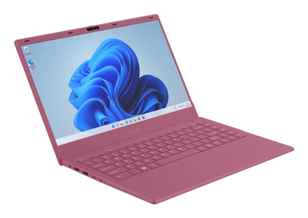 Otwarty różowy laptop z pulpitem Windows 11 i niebieską tapetą abstrakcyjną.