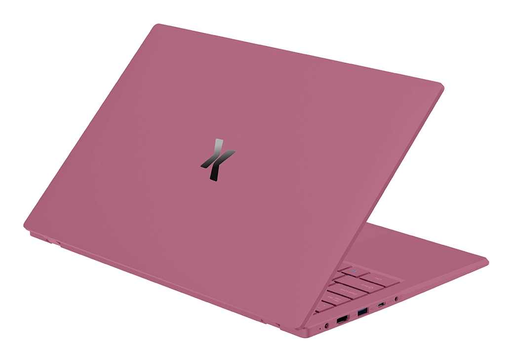 Zamknięty, różowy laptop ze srebrnym logo na pokrywie.