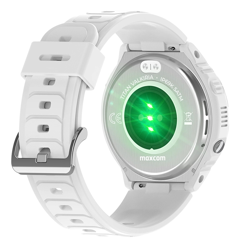 Biały smartwatch z metalowym tyłem pokazującym zielone czujniki tętna i tekst.