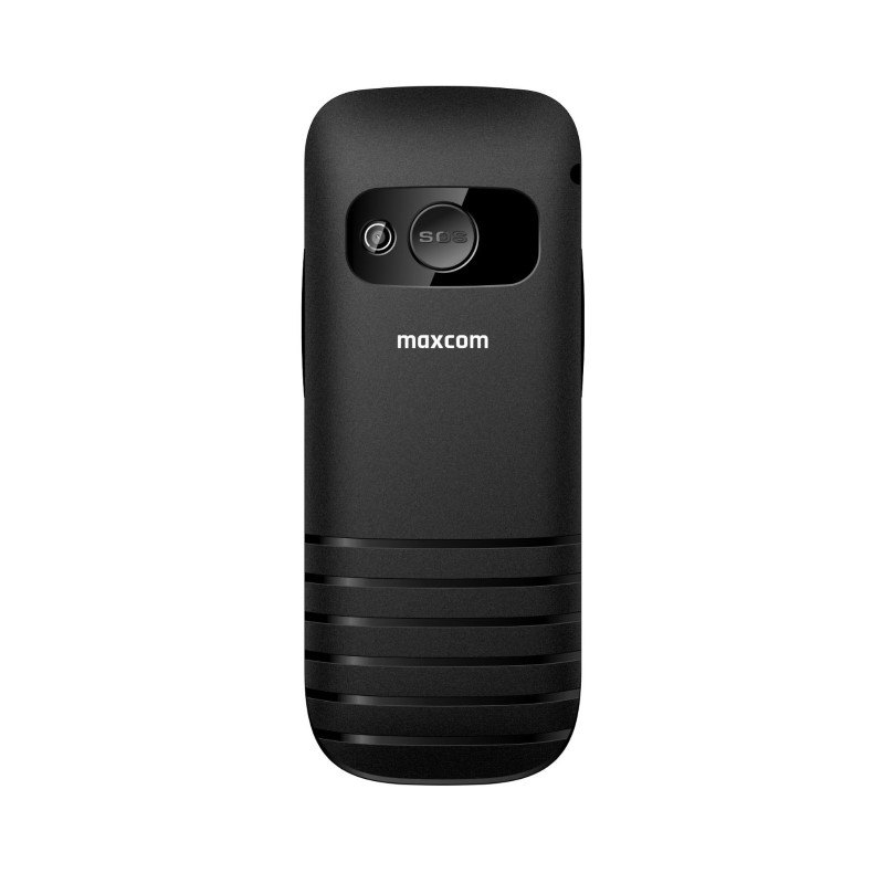 Retro di un telefono Maxcom nero con pulsante SOS e fotocamera.
