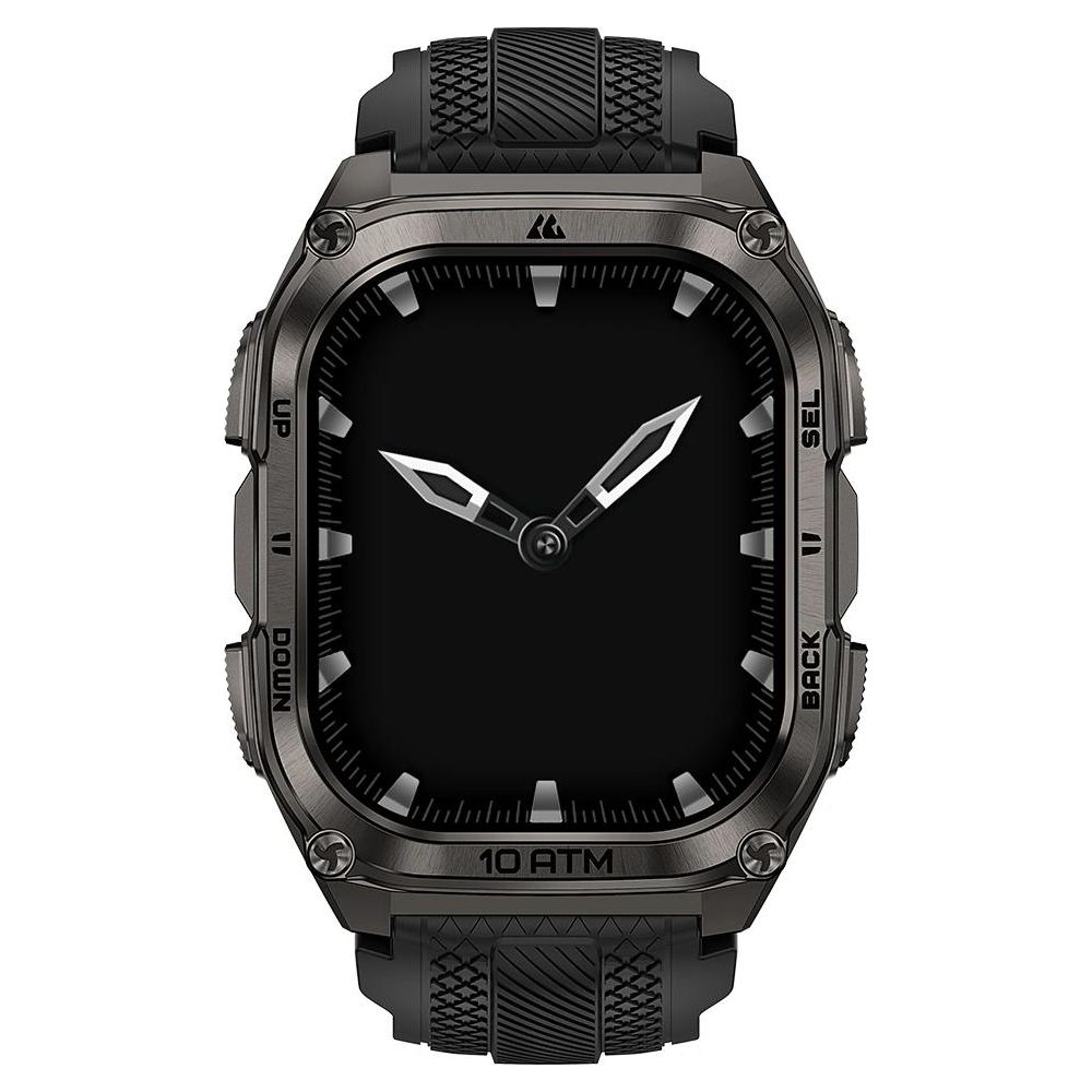 Smartwatch nero con lancette argentate e pulsanti etichettati.