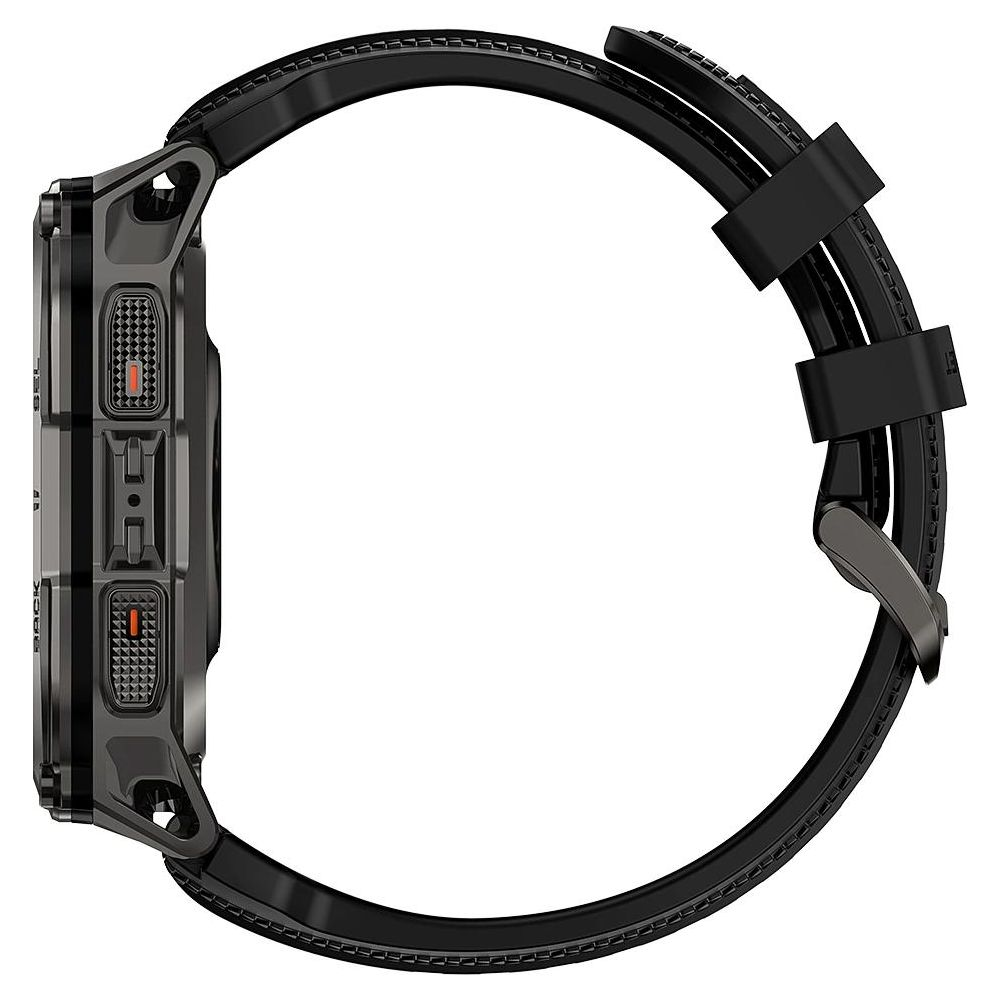 Orologio intelligente grigio con cinturino nero, mostrato di lato.