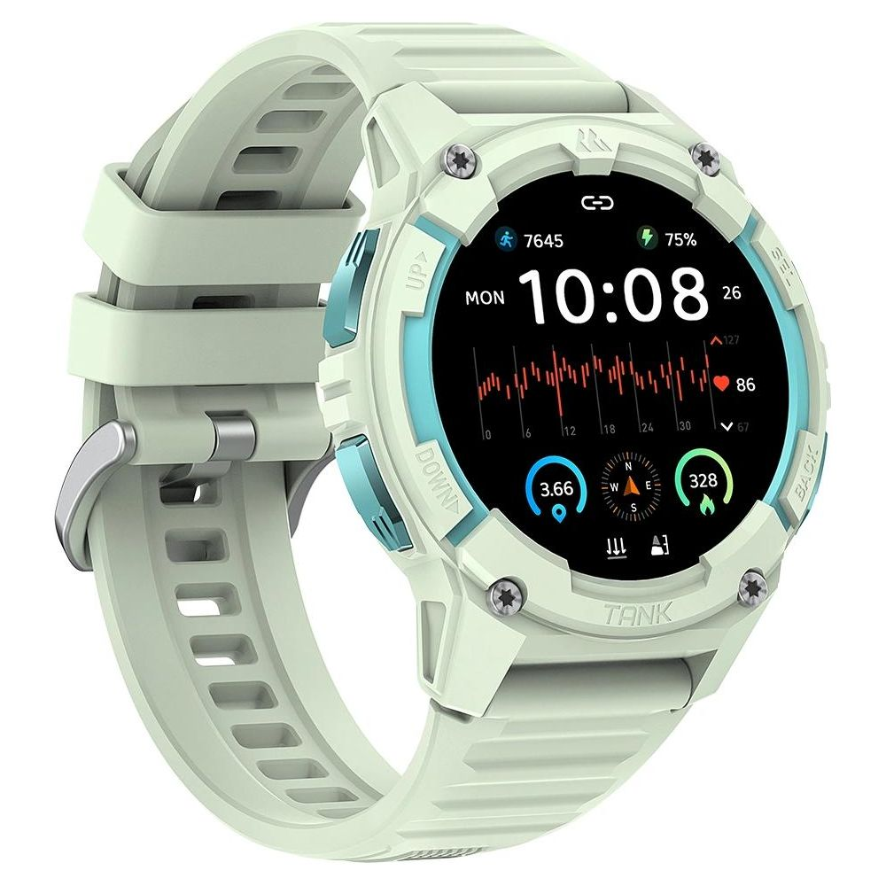 Jasnozielony smartwatch wyświetla 10:08, 7645 kroków, 75% baterii i wykres tętna.