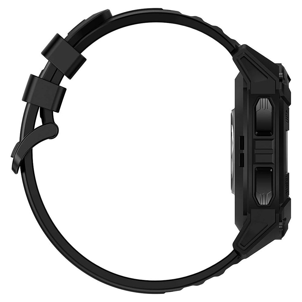 Czarny smartwatch z gumowym paskiem i bocznymi przyciskami.