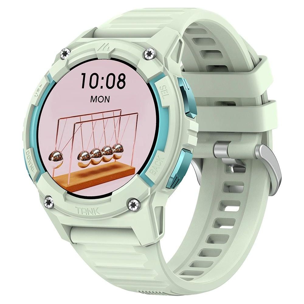 Jasny smartwatch z wyświetlaczem kołyski Newtona i jasnozielonym paskiem.