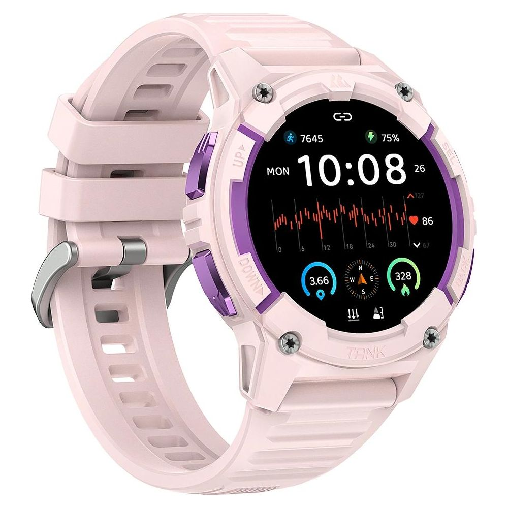 Różowy smartwatch z fioletowymi akcentami pokazuje godzinę 10:08.