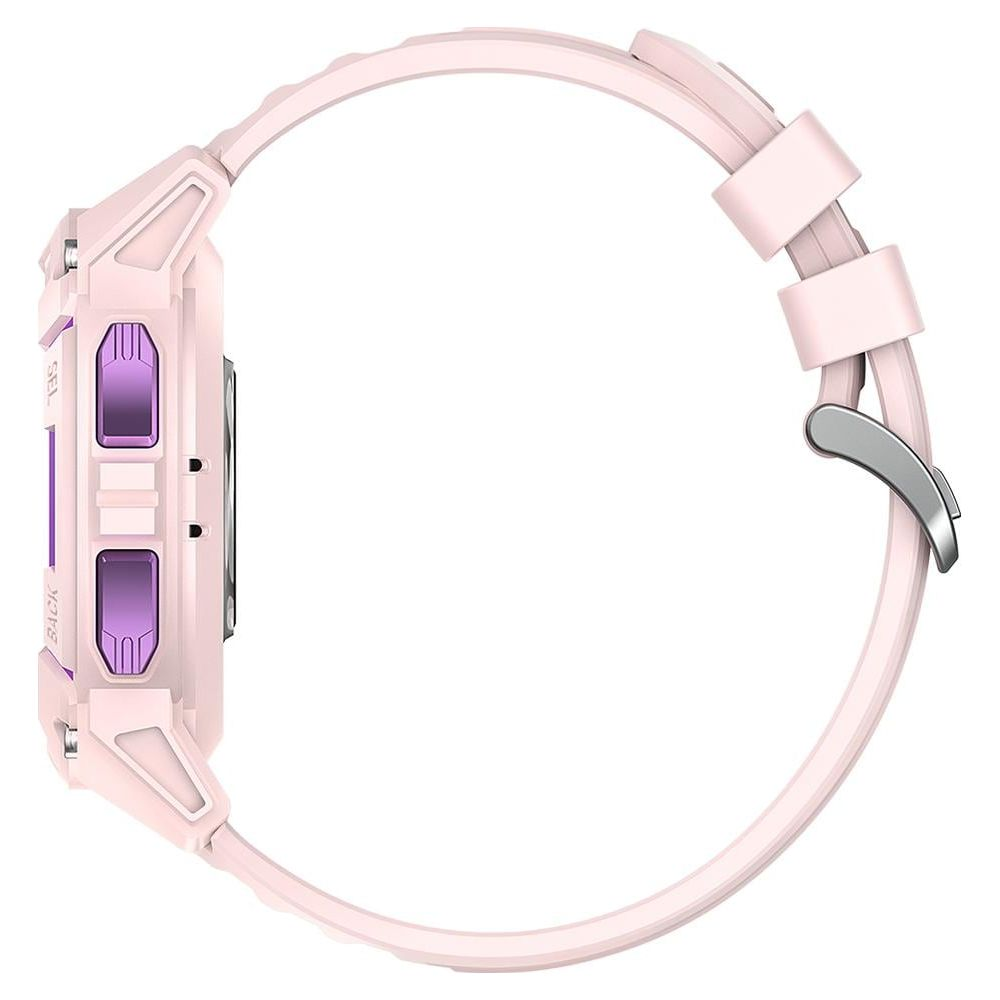 Różowy smartwatch ze srebrną klamrą i fioletowymi przyciskami.