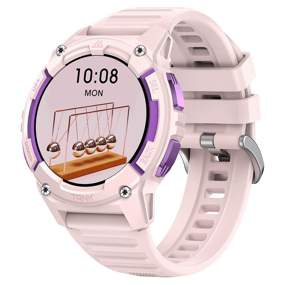 Różowy smartwatch wyświetlający wahadło Newtona na ekranie.